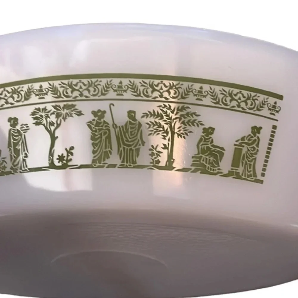 1960 Vintage Glasbake Divided Casserole Dish/Grecian/Roman Pattern on Milk Glass